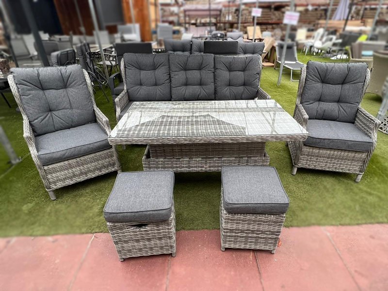 Sapcote Deluxe Reclining Lounge Set Height Adjustable Table in Grey Rattan