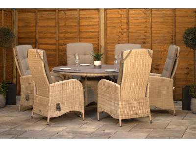 Burbage 6 Seater Round Reclining Rattan Dining Set in Latte