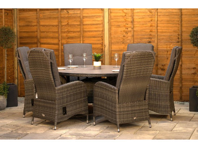 Burbage 6 Seater Round Reclining Dining Set in Stone Grey Rattan