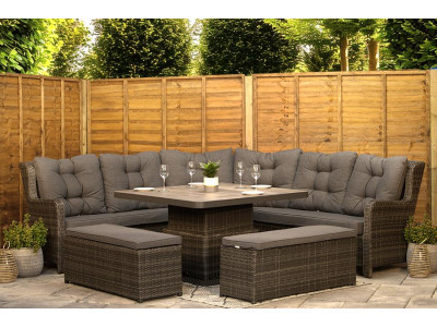 Burbage Large Rattan Corner Lounge Set with Height Adjustable Table in Stone Grey