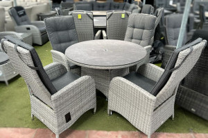 Burbage 4 Seater Round Reclining Dining Set in Silver Grey Rattan