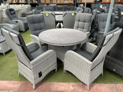 Burbage 4 Seater Round Reclining Dining Set in Silver Grey Rattan