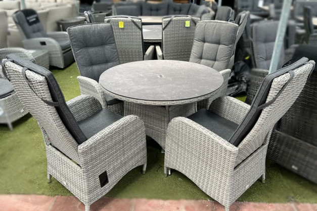 Burbage 4 Seater Round Reclining Dining Set in Silver Grey Rattan