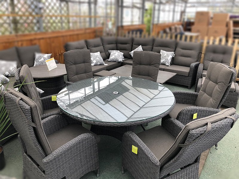 6 Seater Round Reclining Dining Set in Stone Grey Rattan