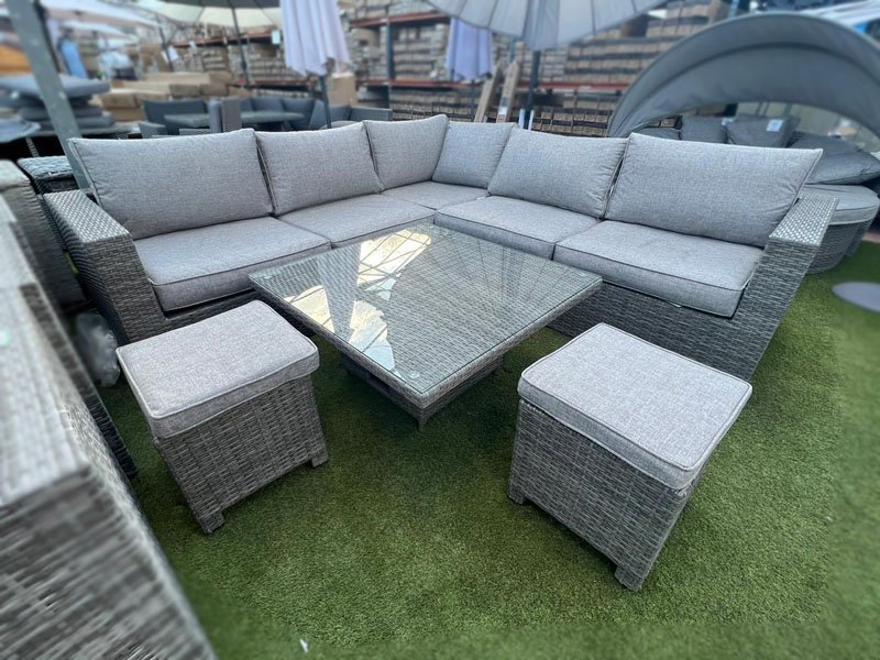 Ashby Corner Sofa Set Height Adjustable Table in Grey Rattan