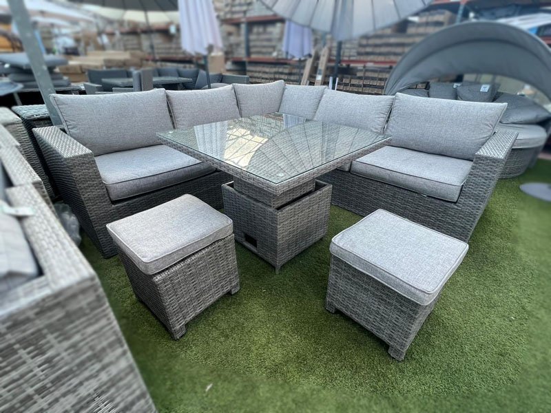 Luxury Rattan Corner Sofa Set in Grey Adjustable Table Free Delivery