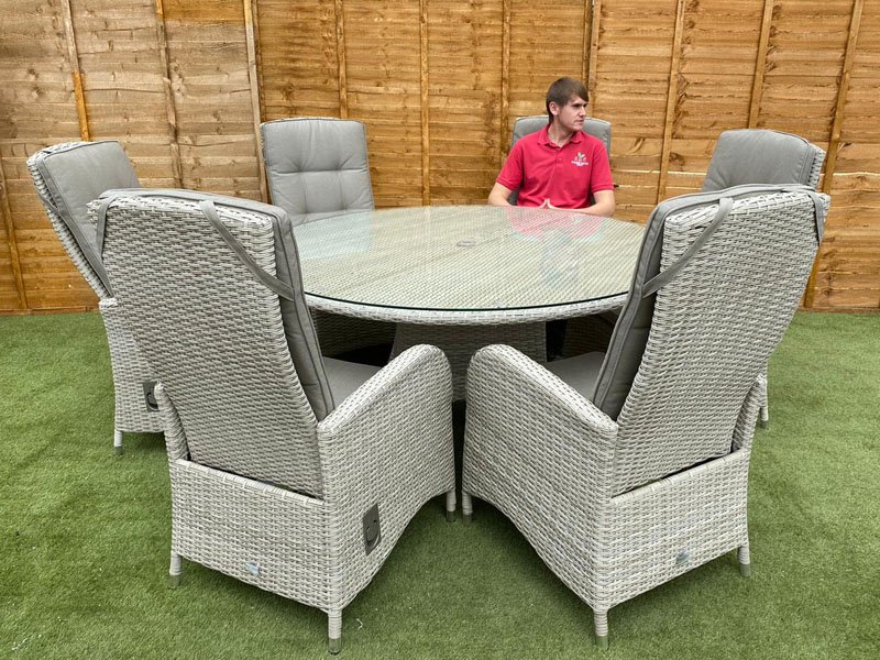 Latte Round Rattan Dining Set with 6 Reclining Chairs