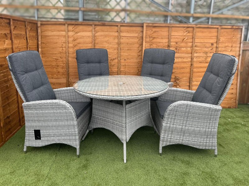 Albury 4 Seater Round Reclining Dining Set in Silver Grey Rattan