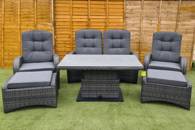 Burbage Reclining Rattan Sofa Set + Adjustable Table in Stone Grey
