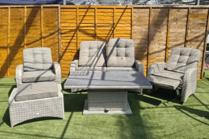 Burbage Reclining Rattan Sofa Set + Adjustable Table in Latte Burbage Reclining Rattan Sofa Set + Adjustable Table in Latte