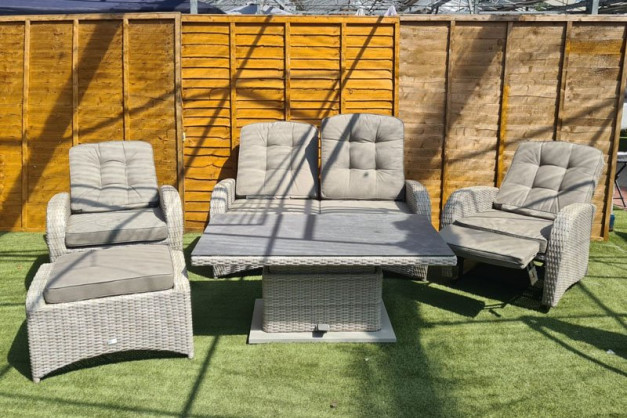 Burbage Reclining Rattan Sofa Set + Adjustable Table in Latte Burbage Reclining Rattan Sofa Set + Adjustable Table in Latte