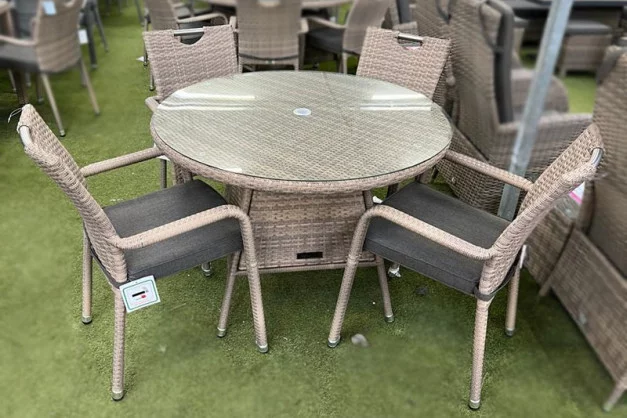 Sharnford Stacking 4 Seater Rattan Dining Set in Cappuccino Sharnford Stacking 4 Seater Rattan Dining Set in Cappuccino