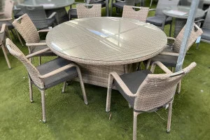 Sharnford Stacking 6 Seater Round Rattan Dining Set in Cappuccino Sharnford Stacking 6 Seater Round Rattan Dining Set in Cappuccino