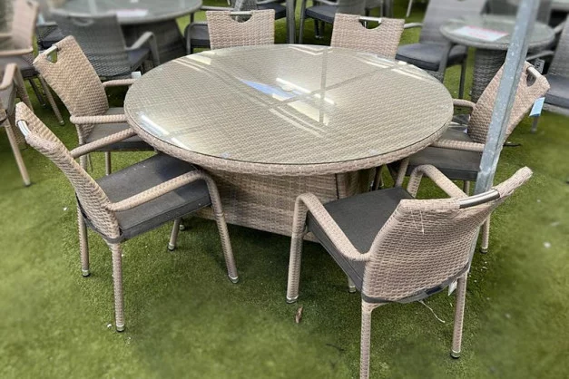 Sharnford Stacking 6 Seater Round Rattan Dining Set in Cappuccino Sharnford Stacking 6 Seater Round Rattan Dining Set in Cappuccino