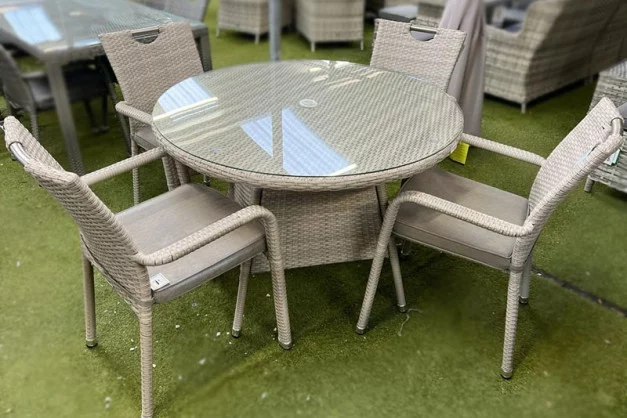 Sharnford Stacking 4 Seater Rattan Dining Set in Latte Sharnford Stacking 4 Seater Rattan Dining Set in Latte