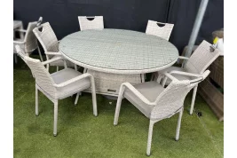 Sharnford Stacking 6 Seater Round Rattan Dining Set in Latte  Sharnford Stacking 6 Seater Round Rattan Dining Set in Latte