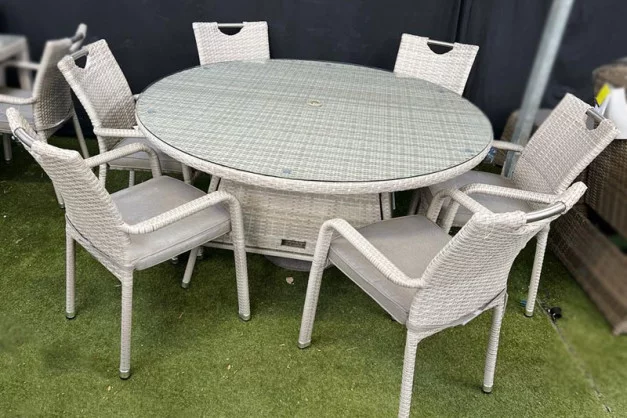 Sharnford Stacking 6 Seater Round Rattan Dining Set in Latte Sharnford Stacking 6 Seater Round Rattan Dining Set in Latte