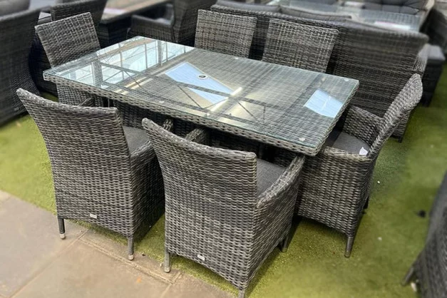 Sapcote 6 Seater Rectangular Dining Set in Dark Grey Rattan Sapcote 6 Seater Rectangular Dining Set in Dark Grey Rattan