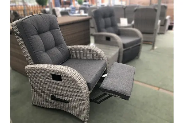 Reclining Rattan Chair + Built in Footrest in Silver Grey