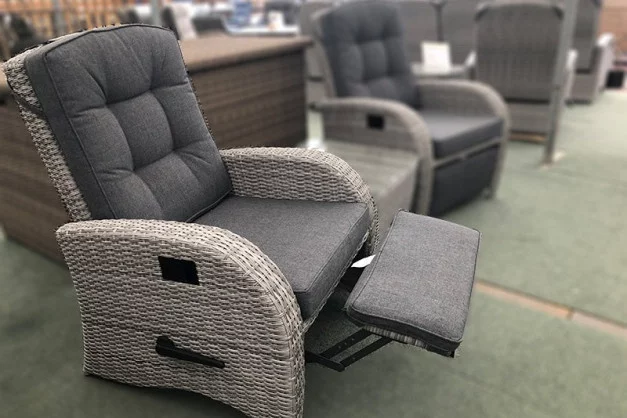 Reclining Rattan Chair + Built in Footrest in Silver Grey Reclining Rattan Chair + Built in Footrest in Silver Grey