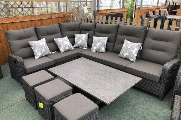 Large Reclining Rattan Corner Sofa Set - Stone Grey Large Reclining Rattan Corner Sofa Set - Stone Grey