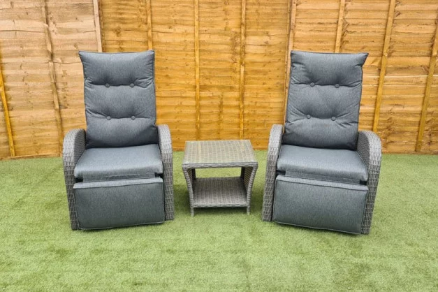 Burton Reclining Rattan Bistro Set + Built in Footrests Burton Reclining Rattan Bistro Set + Built in Footrests