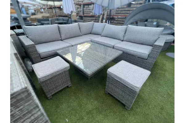 Ashby Corner Sofa Set + Height Adjustable Table in Grey Rattan