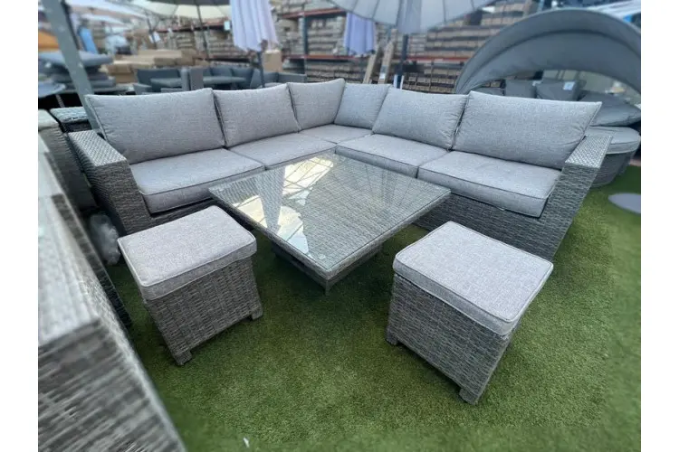 Ashby Corner Sofa Set + Height Adjustable Table in Grey Rattan