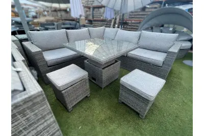 Ashby Corner Sofa Set + Height Adjustable Table in Grey Rattan