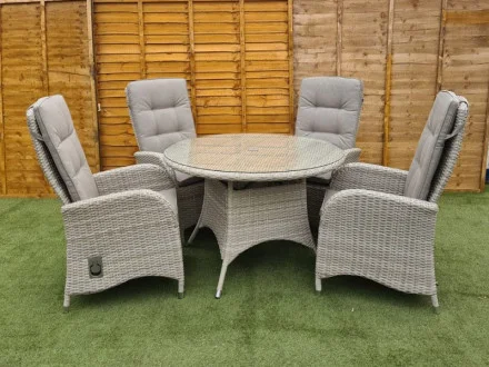Burbage 4 Seater Round Reclining Rattan Dining Set in Latte