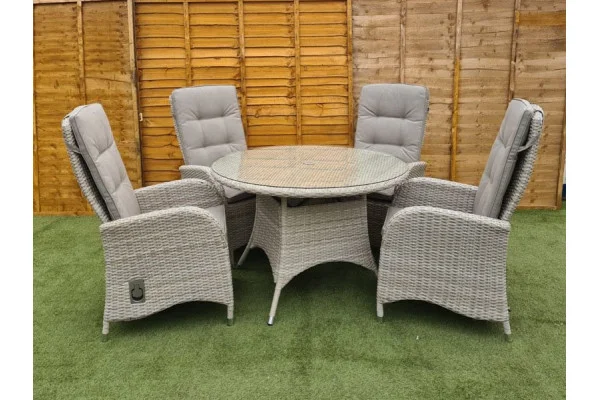 Burbage 4 Seater Round Reclining Rattan Dining Set in Latte