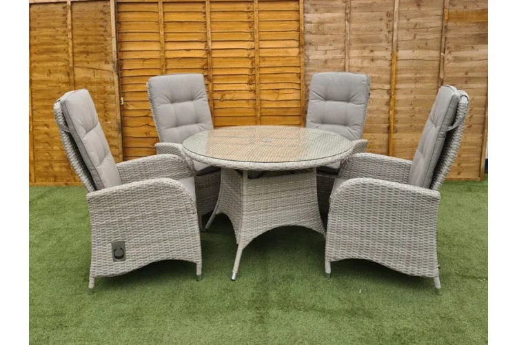 Burbage 4 Seater Round Reclining Rattan Dining Set in Latte
