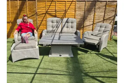 Burbage Reclining Rattan Sofa Set + Adjustable Table in Latte