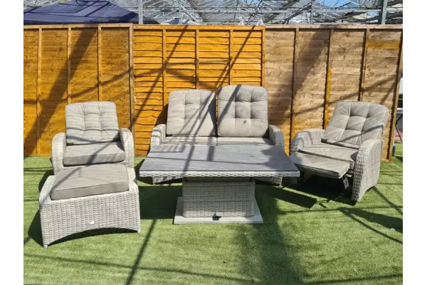 Burbage Reclining Rattan Sofa Set + Adjustable Table in Latte
