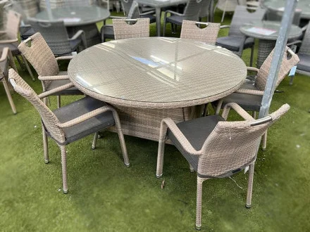 Sharnford Stacking 6 Seater Round Rattan Dining Set in Cappuccino