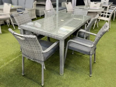 Sharnford Stacking 6 Seater Rectangular Rattan Dining Set in Grey