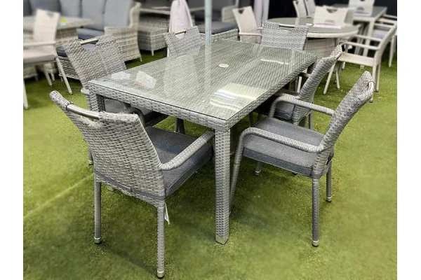 Sharnford Stacking 6 Seater Rectangular Rattan Dining Set in Grey