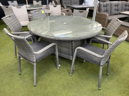 Sharnford Stacking 6 Seater Round Rattan Dining Set in Grey