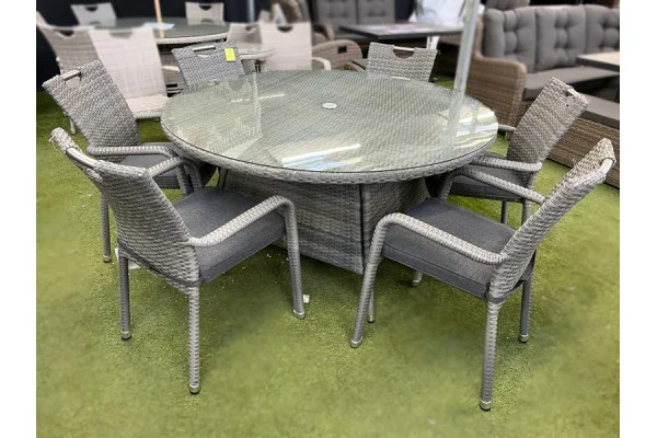 Sharnford Stacking 6 Seater Round Rattan Dining Set in Grey