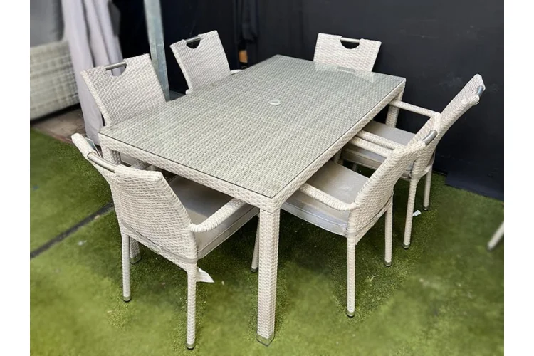Sharnford Stacking 6 Seater Rectangular Rattan Dining Set in Latte