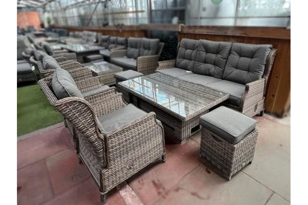 Sapcote Deluxe Reclining Lounge Set + Height Adjustable Table in Brown Rattan 