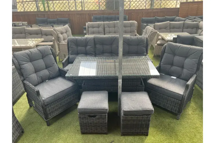 Sapcote Deluxe Reclining Lounge Set + Height Adjustable Table in Dark Grey Rattan