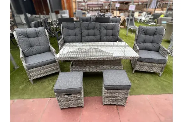 Sapcote Deluxe Reclining Lounge Set + Height Adjustable Table in Natural Rattan 