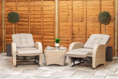 Burbage Rocking & Reclining Rattan Bistro Set in Latte