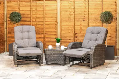 Burbage Rocking & Reclining Rattan Bistro Set in Stone Grey