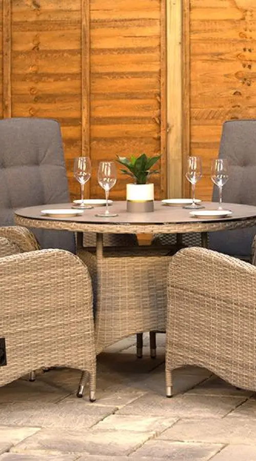#AskGFUK for Burbage 4 Seater Round Reclining Dining Set in Cappuccino Rattan