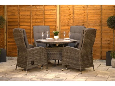 Burbage 4 Seater Round Reclining Dining Set in Stone Grey Rattan