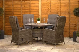 Burbage 4 Seater Round Reclining Dining Set in Stone Grey Rattan Burbage 4 Seater Round Reclining Dining Set in Stone Grey Rattan