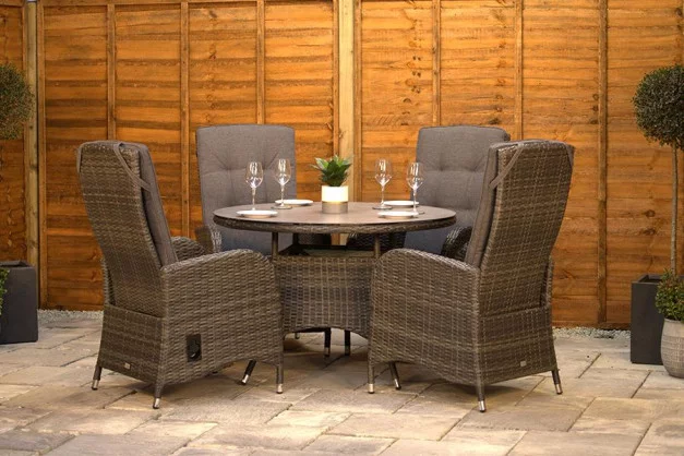 Burbage 4 Seater Round Reclining Dining Set in Stone Grey Rattan Burbage 4 Seater Round Reclining Dining Set in Stone Grey Rattan