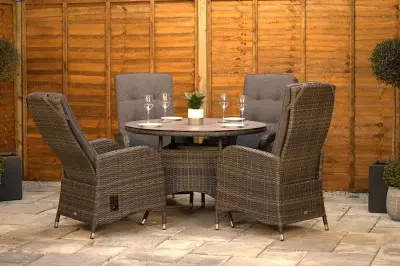 Burbage 4 Seater Round Reclining Dining Set in Stone Grey Rattan
